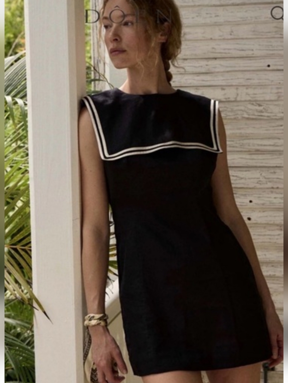 Doen Black Monroe Linen Mini Dress with Ivory Sailor-Style Trim Size 14
